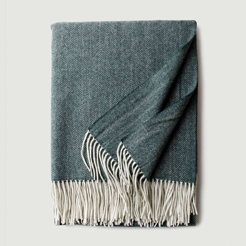 Herringbone Texture Solid Color Wool Blanket with Tassel- Dusty Green
