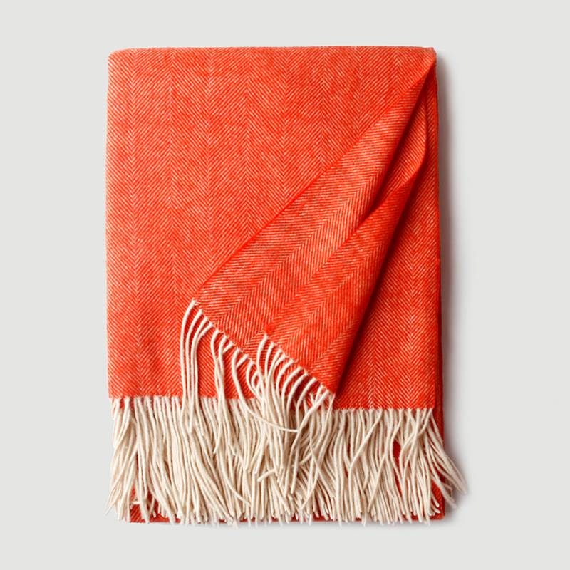 Herringbone Texture Solid Color Wool Blanket with Tassel- Orange