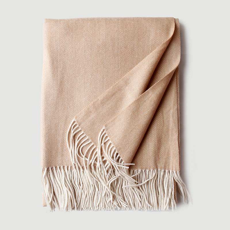 Herringbone Texture Solid Color Wool Blanket with Tassel- Beige-Camel