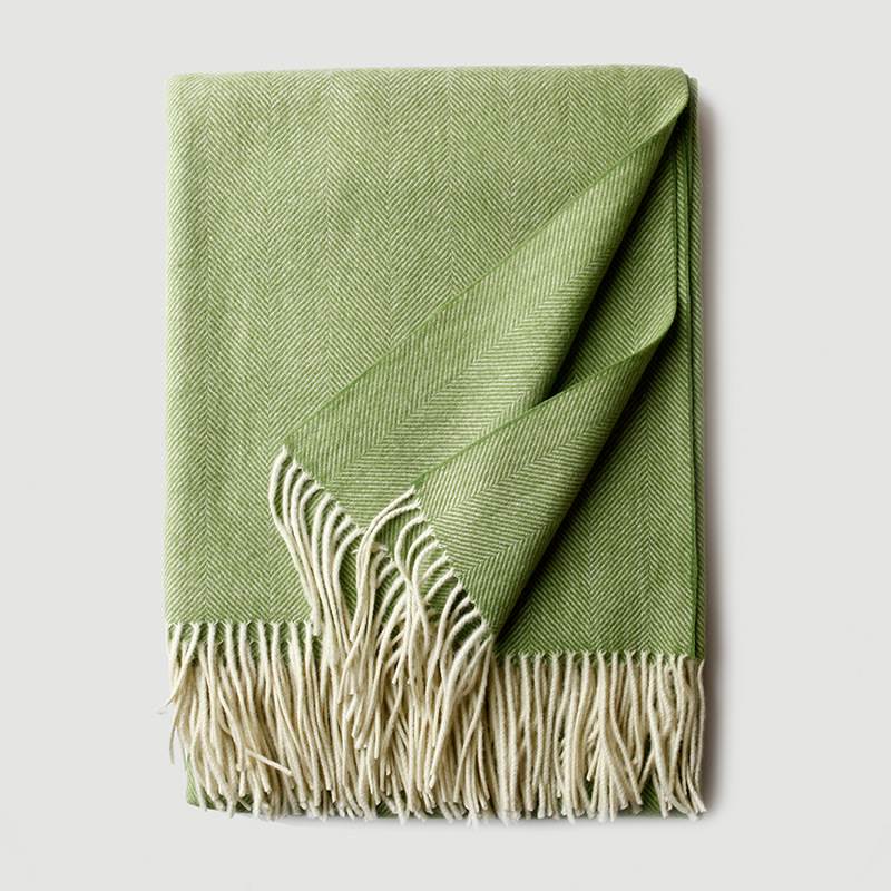 Herringbone Texture Solid Color Wool Blanket with Tassel- Light Green