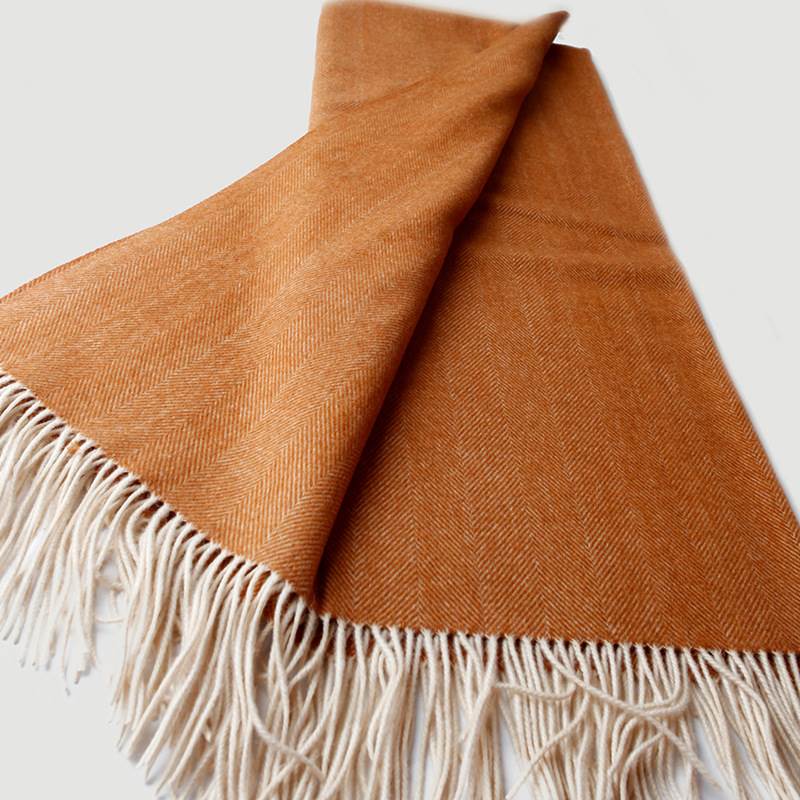 Herringbone Texture Solid Color Wool Blanket with Tassel- Caramel
