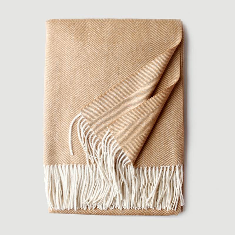 Herringbone Texture Solid Color Wool Blanket with Tassel- Light Camel