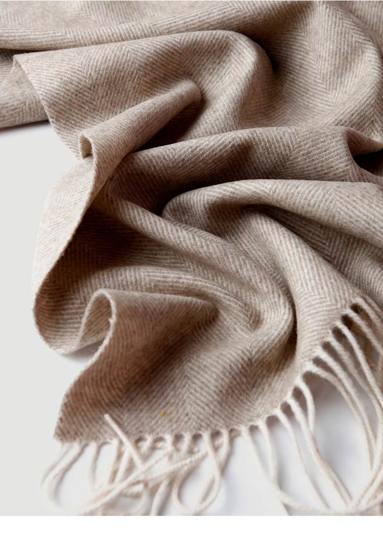 Herringbone Texture Solid Color Wool Blanket with Tassel- Light Beige