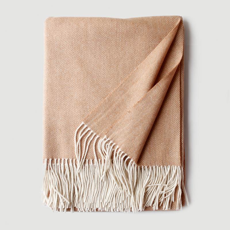 Herringbone Texture Solid Color Wool Blanket with Tassel- Pink-Camel