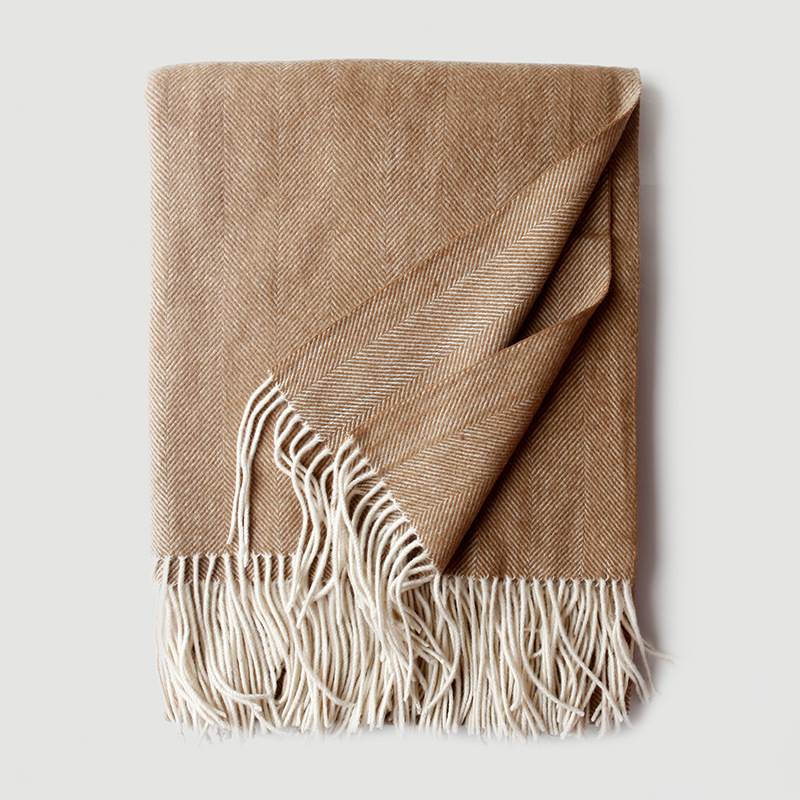 Herringbone Texture Solid Color Wool Blanket with Tassel- Coffee-Camel