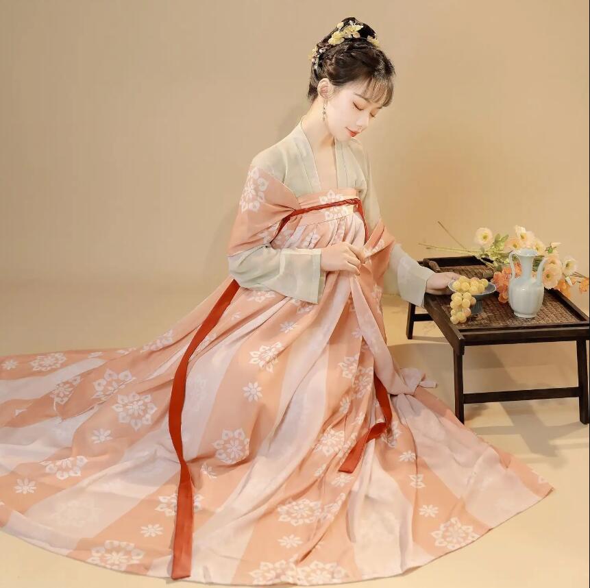 Fresh Color Tang Dynasty One-Piece Perforated Chest-Length Costume - Pink