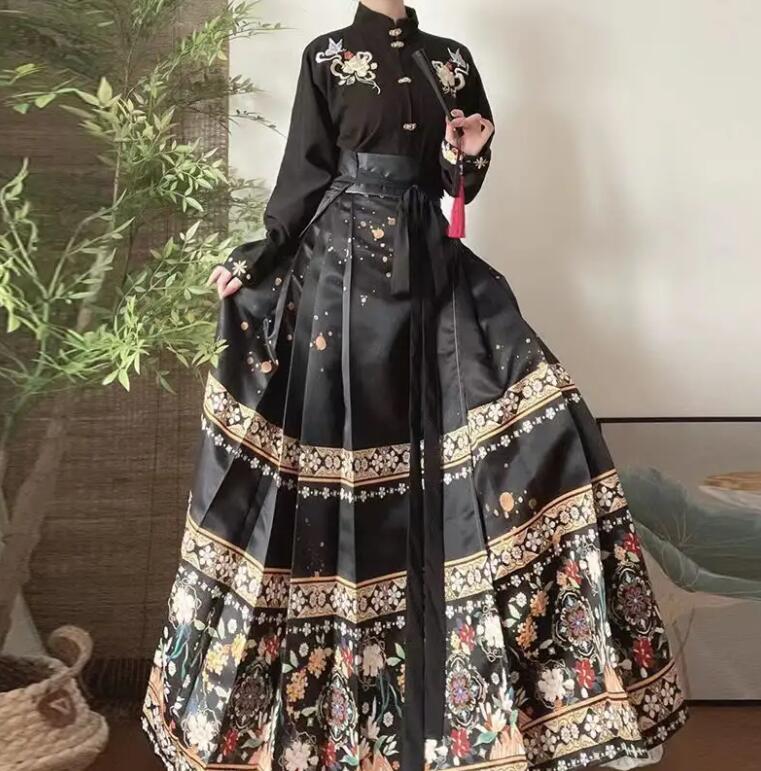 Ming Style Stand-Collar Embroidered Shirt and Horse-Face Skirt - Black Shirt and Black Skirt