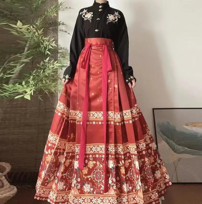 Ming Style Stand-Collar Embroidered Shirt and Horse-Face Skirt - Black Shirt and Red Skirt