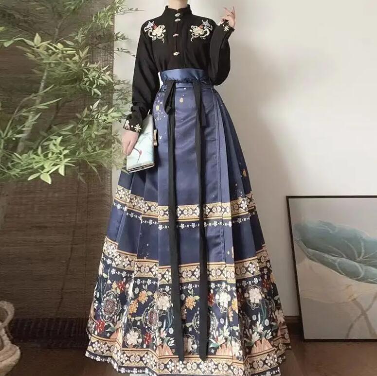 Ming Style Stand-Collar Embroidered Shirt and Horse-Face Skirt - Black Shirt and Blue Skirt