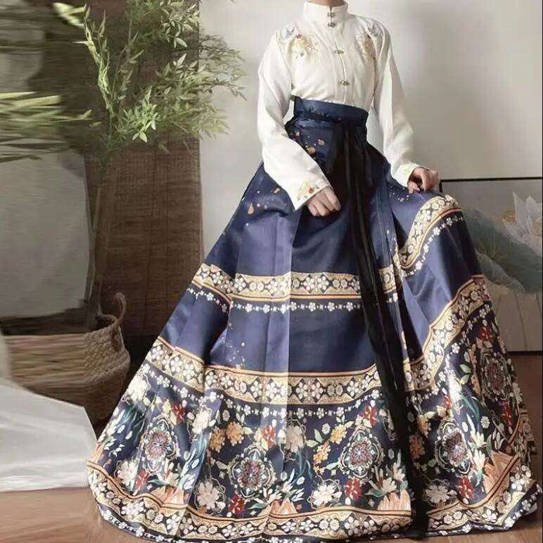 Ming Style Stand-Collar Embroidered Shirt and Horse-Face Skirt - White Shirt and Blue Skirt