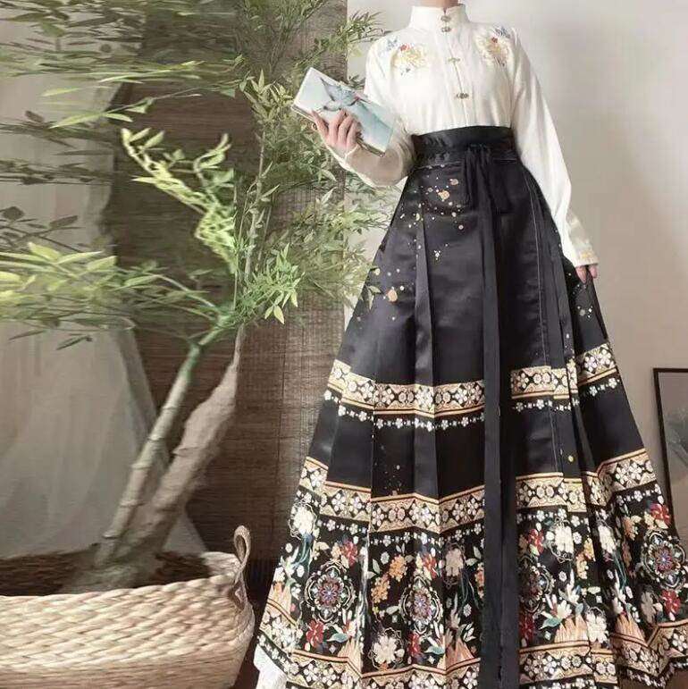 Ming Style Stand-Collar Embroidered Shirt and Horse-Face Skirt - White Shirt and Black Skirt