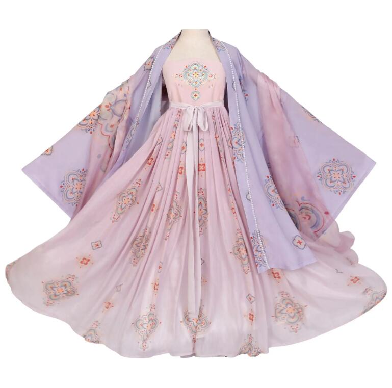 Tang Style Hezi Dress and Baggy Sleeve Blouse - Pink and Purple Tile