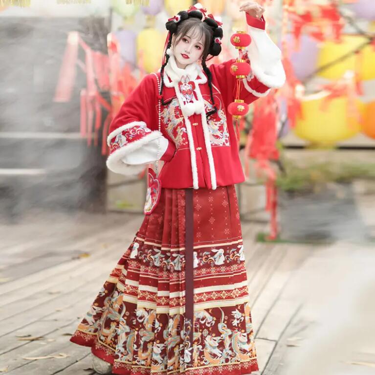 Ming Dynasty Square Collar Blouse and Horse-Face Skirt - Red