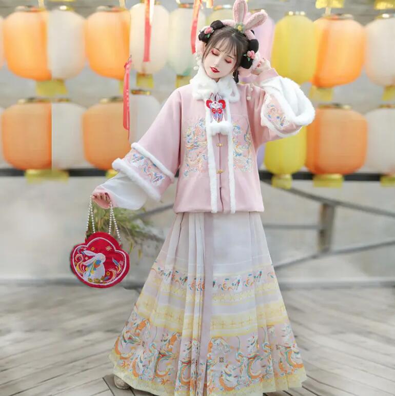 Ming Dynasty Square Collar Blouse and Horse-Face Skirt - Pink