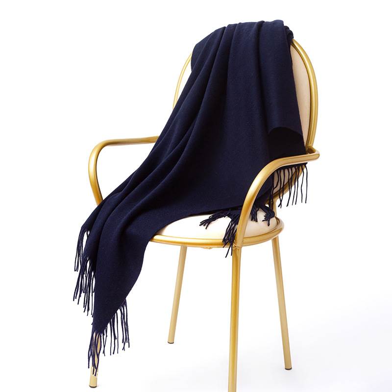 Rainbow Pure Color Wool Scarf with Tassel - Navy Blue