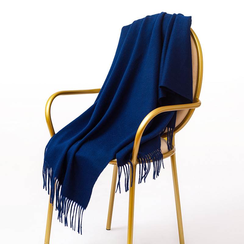 Rainbow Pure Color Wool Scarf with Tassel - Dark Blue