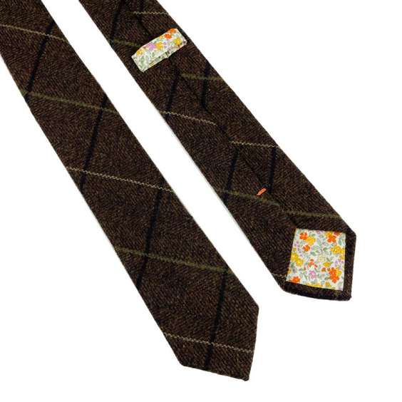 Solid Color Wool Tie with Floral Lining - Brown
