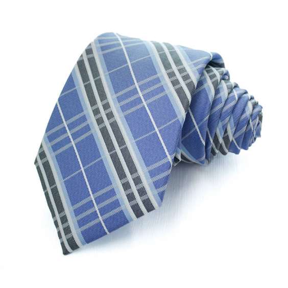 Preppy Style Grid Pattern Jacquard Microfiber Tie - Light Blue