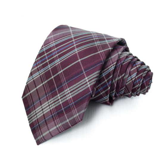 Preppy Style Grid Pattern Jacquard Microfiber Tie - Wine Red