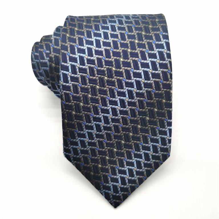 Tweed Plaid Pattern Silk Tie - Dark Blue