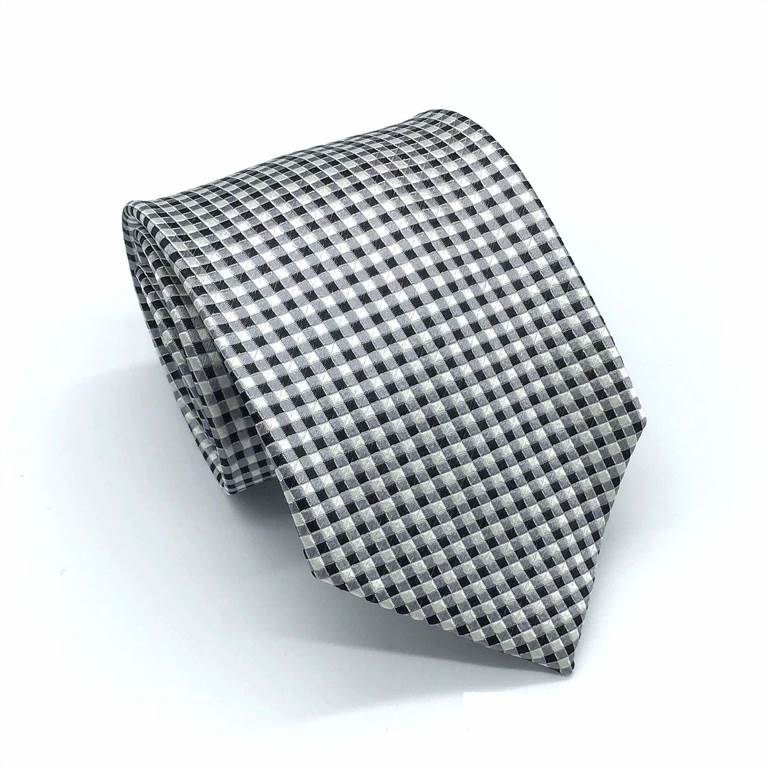 Grid Pattern Silk Tie - Black and White Plaid
