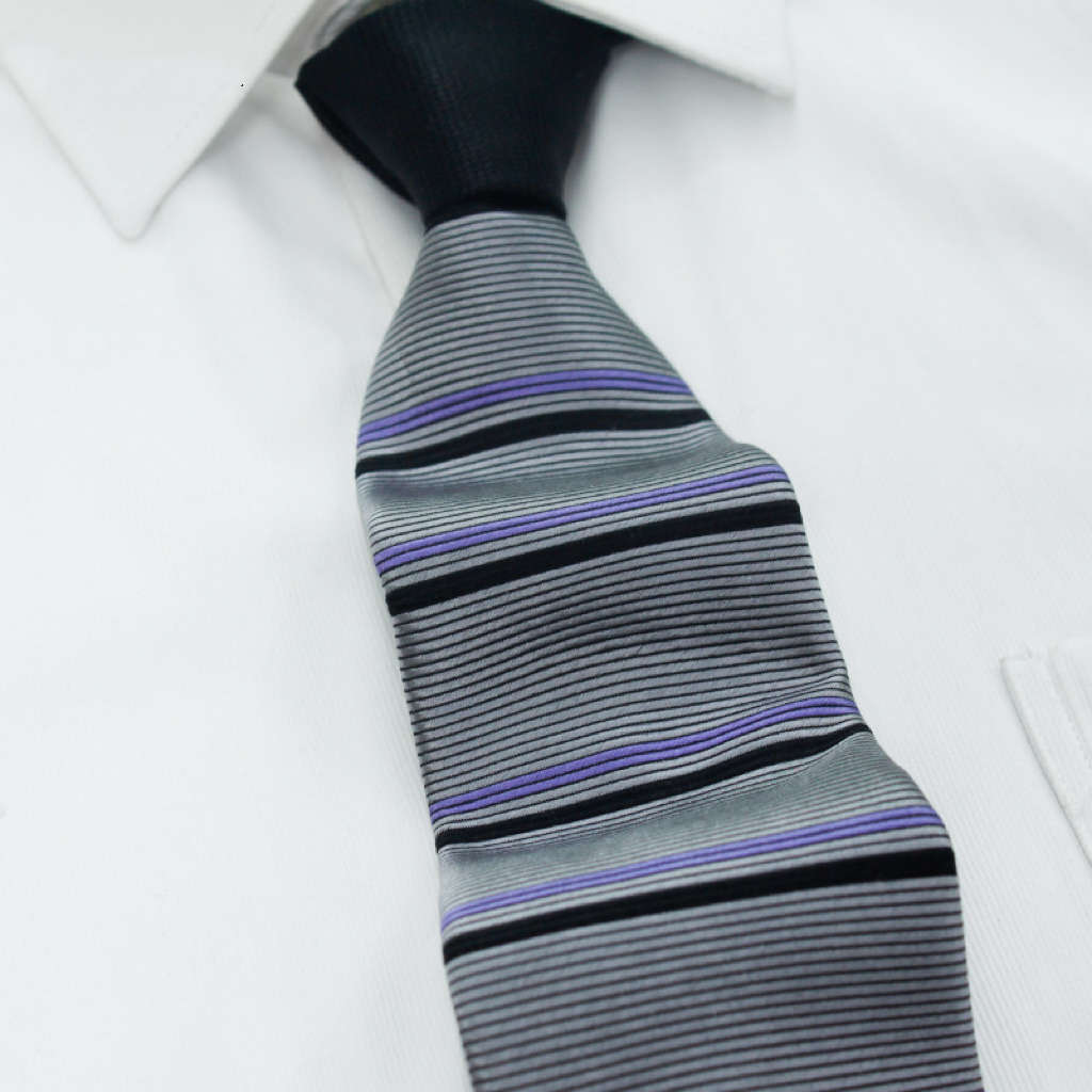 Color blocking and Patchwork Silk Tie - Purple Stripe and Pure Black