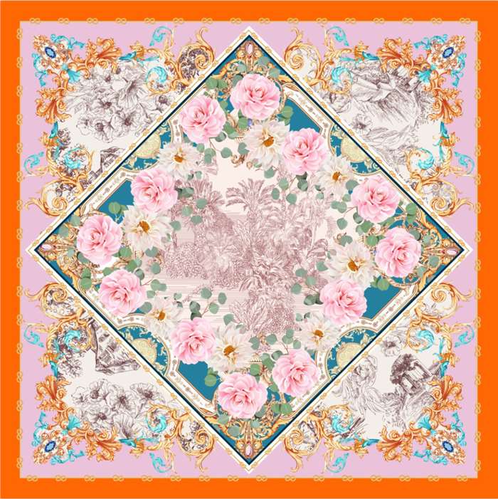 Vintage Pattern Silk Scarf - Pink Base