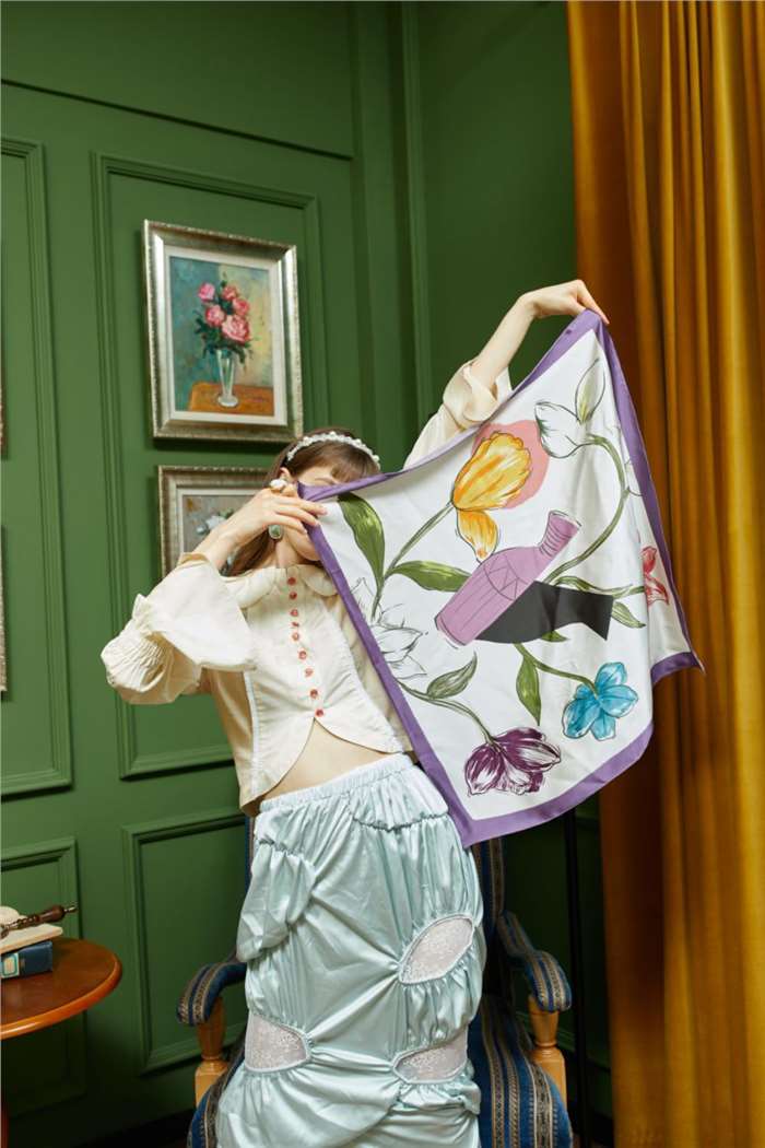 Vase and Flowers Silk Scarf - Model Presenting