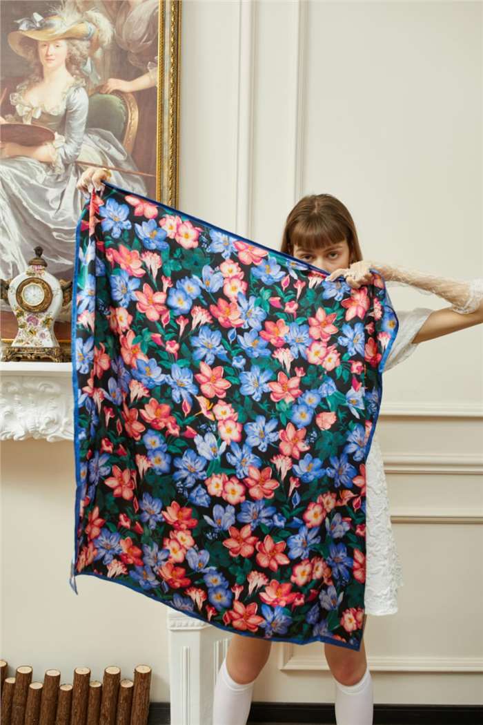 Summer Blooms Silk Scarf - Model Presenting