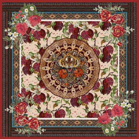 Roses and the Fierce Tiger Silk Scarf - Red Tone Pattern
