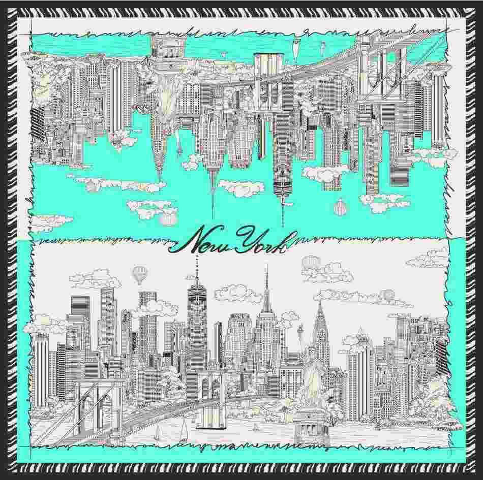 The Sketch of New York Silk Scarf in Vivid Blue Pattern