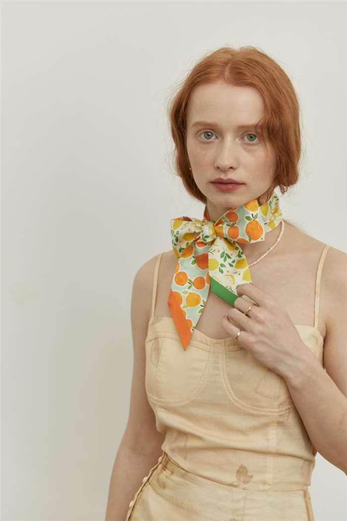 Lemons and Oranges Silk Skinny Scarf - Model Wearing