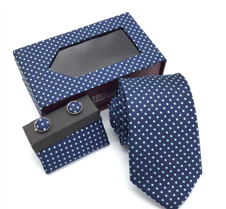 Polka Dot Woven Microfiber Tie Set - Navy Blue