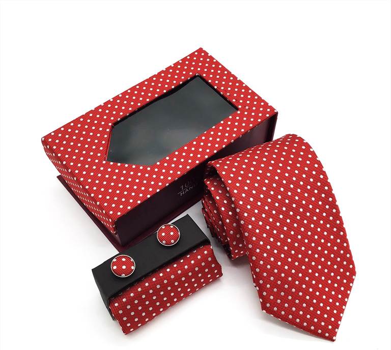 Polka Dot Woven Microfiber Tie Set - Red