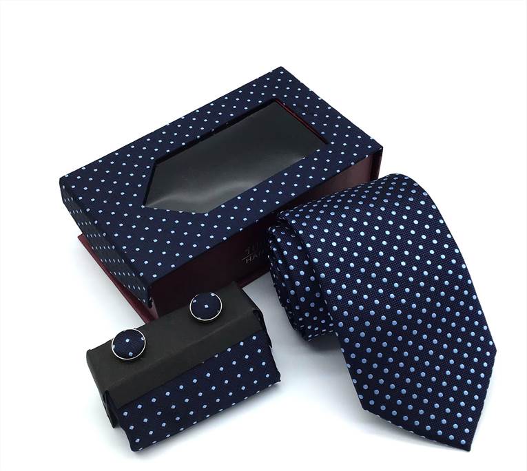 Polka Dot Woven Microfiber Tie Set - Dark Blue
