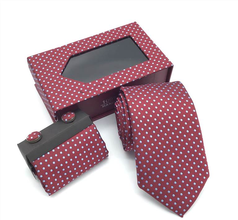 Polka Dot Woven Microfiber Tie Set - Wine Red