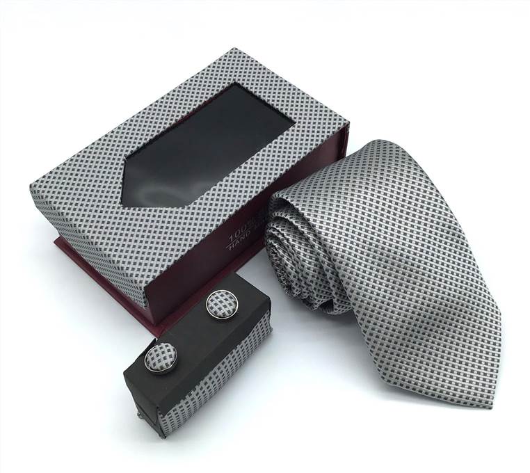 Embossed Diagonal Fine-Stripe Tie Set - Silver