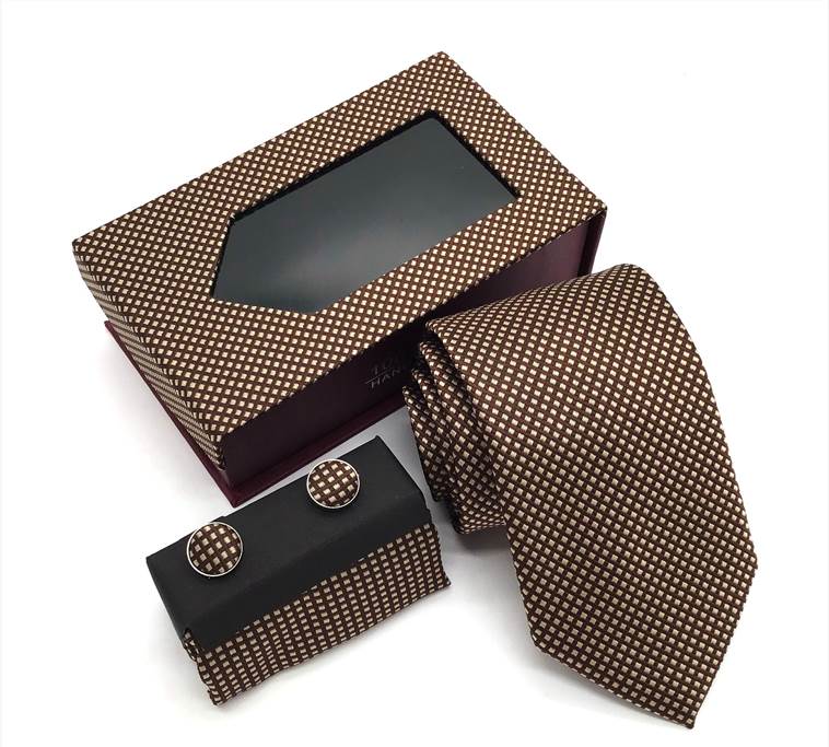 Embossed Diagonal Fine-Stripe Tie Set - Brown
