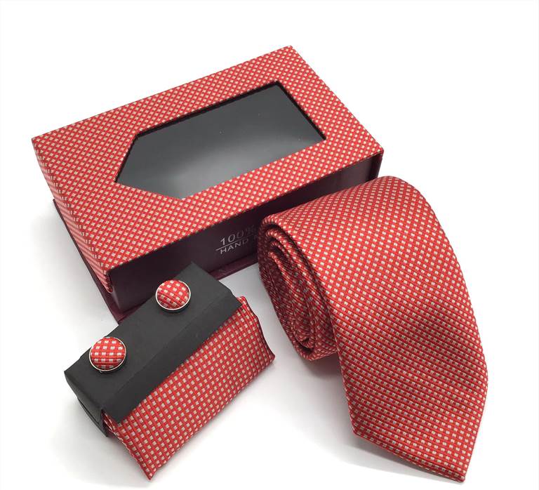Embossed Diagonal Fine-Stripe Tie Set - Red