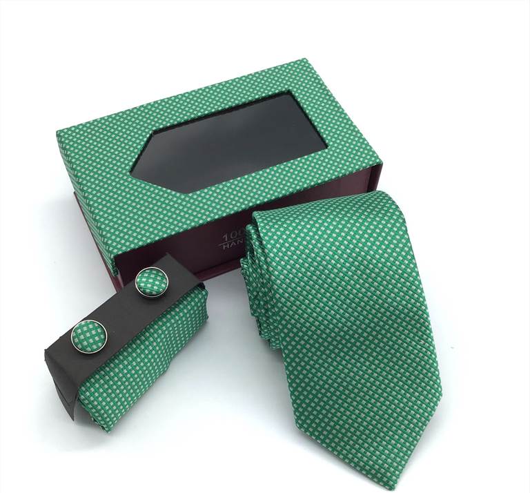 Embossed Diagonal Fine-Stripe Tie Set - Green