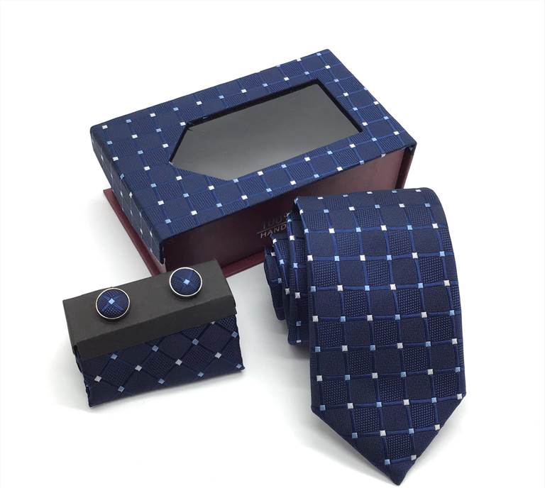 Checkered Plaid Stripe Tie Set - Dark Blue