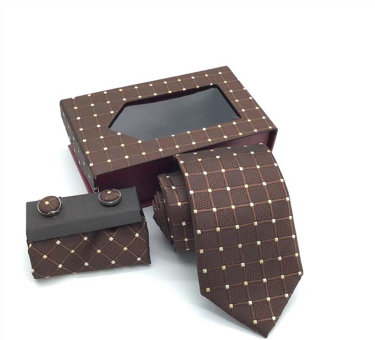 Checkered Plaid Stripe Tie Set - Coffee