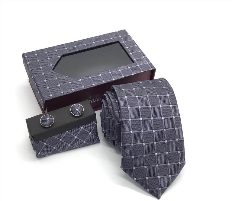 Checkered Plaid Stripe Tie Set - Gray