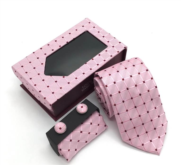 Checkered Plaid Stripe Tie Set - Pink