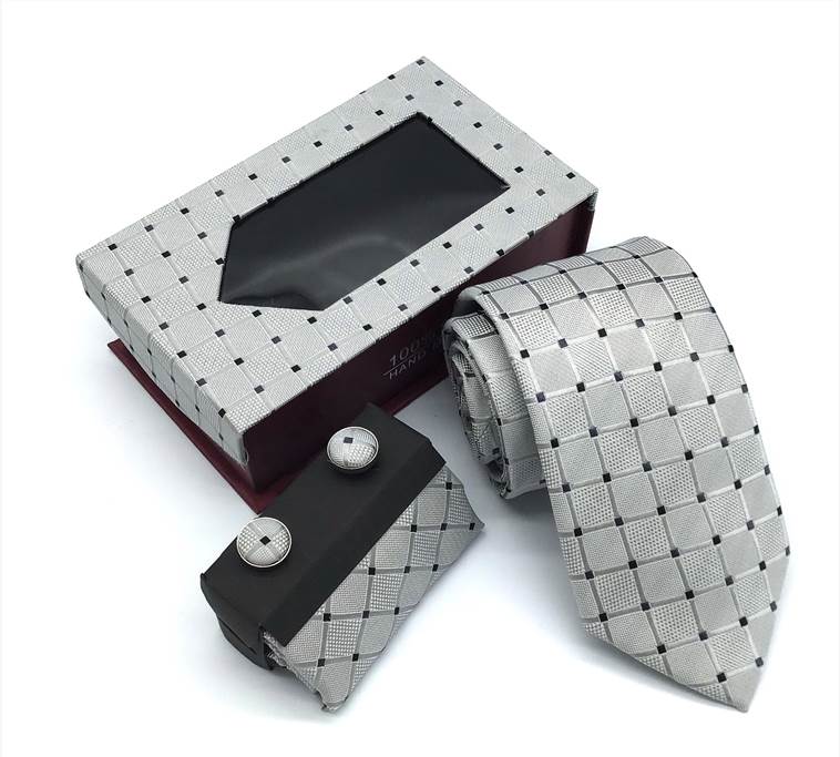 Checkered Plaid Stripe Tie Set - Silver