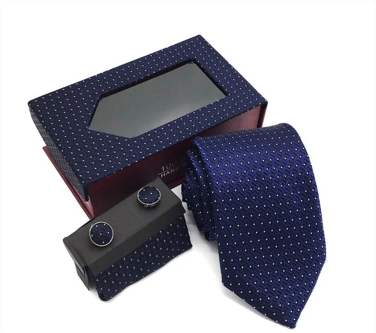 Classic Woven Jacquard Polyester Tie Set - Dark Blue