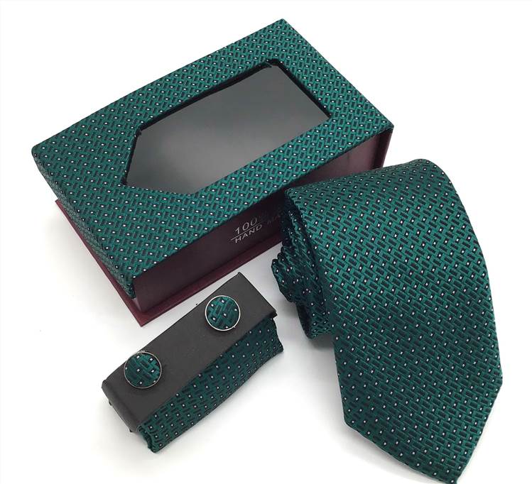 Classic Woven Jacquard Polyester Tie Set - Dark Green